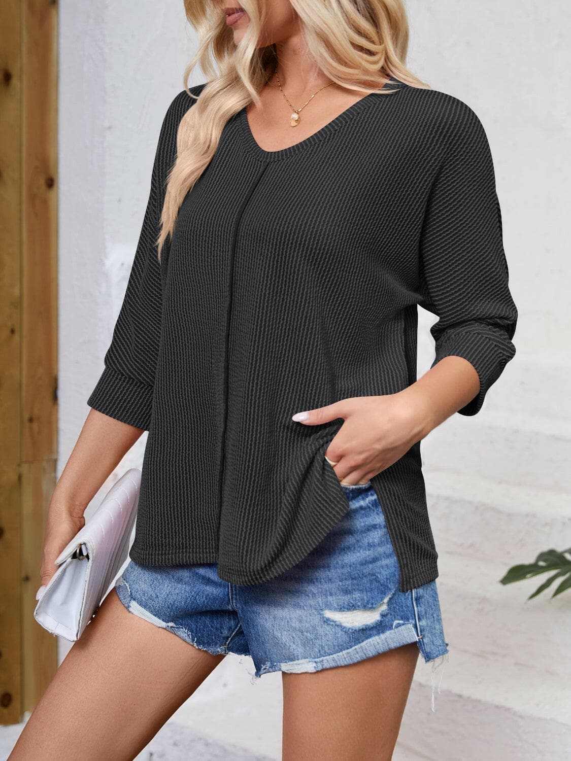 Textured 3/4 sleeve blouse - Love Salve